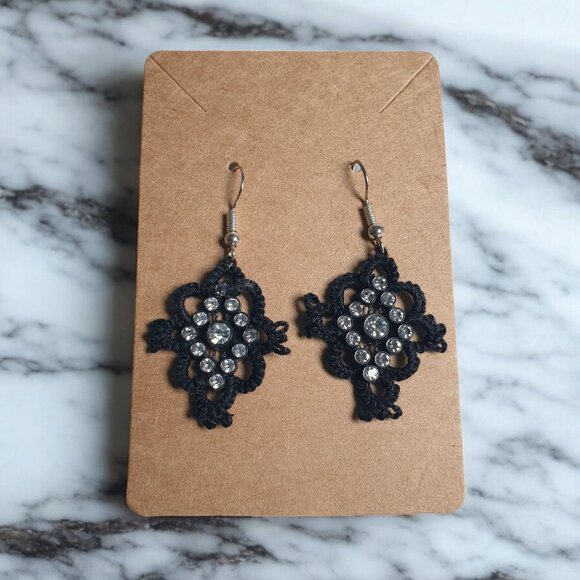 Handcrafted Black Lace Earrings With Rhinestone Accents Metal Hooks Vintage - Picture 1 of 3